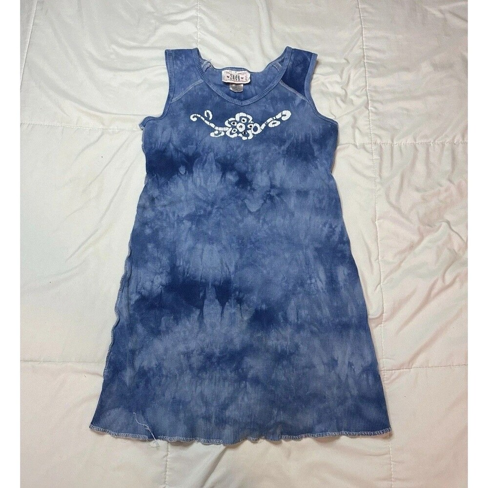 Zoey Y2K Rhinestone Tie Dye Long Tank Blue Mini Dress Girls Sz 10 Cotton Flower